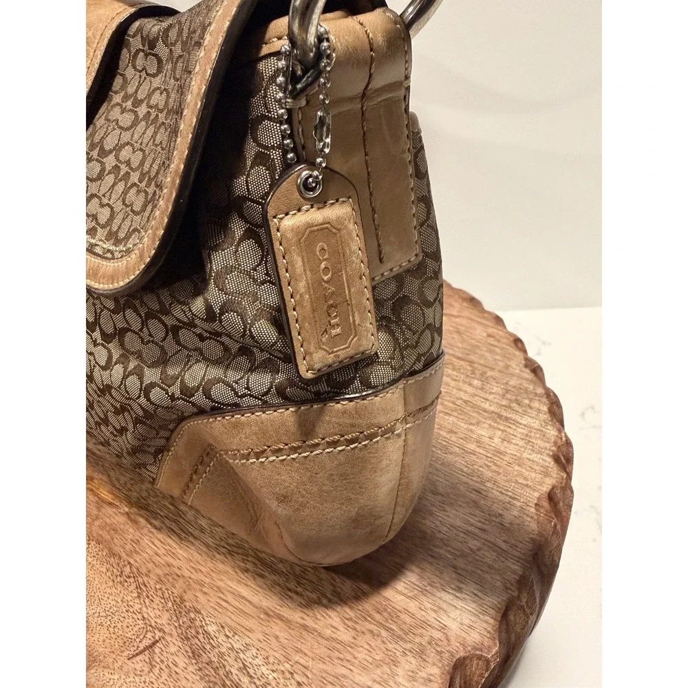 Coach Soho Flap Shoulder Bag Womens Small Brown Tan Mini Signature Canvas Buckle